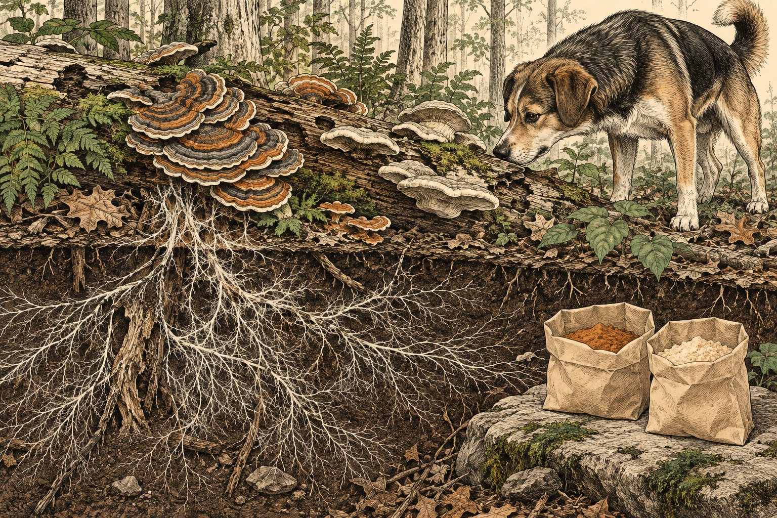 Tekening van een omgevallen boomstam met elfenbankjes, eronder in de grond een wit netwerk van schimmeldraden, een hond die aan de stam snuffelt en twee open zakjes poeder op een steen